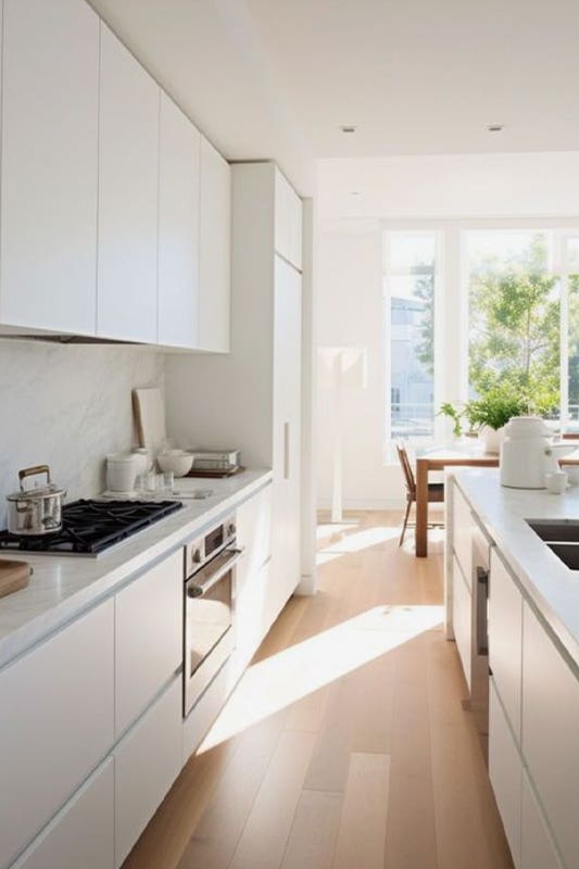 Modern kitchen paired with flat panel cabinets and marble backsplash and countertop 