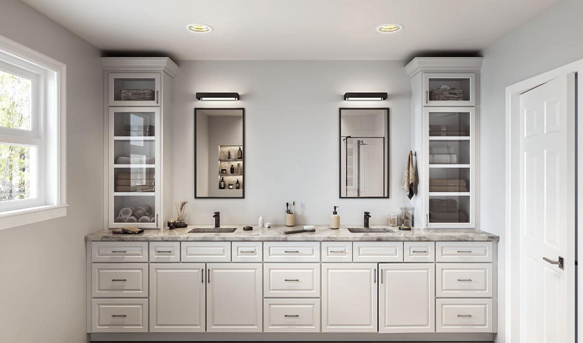 Floating vanities with marble counter top and large mirror look