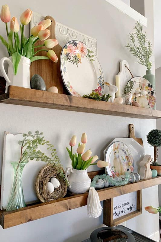 Floating shelves filled with flowers decoration