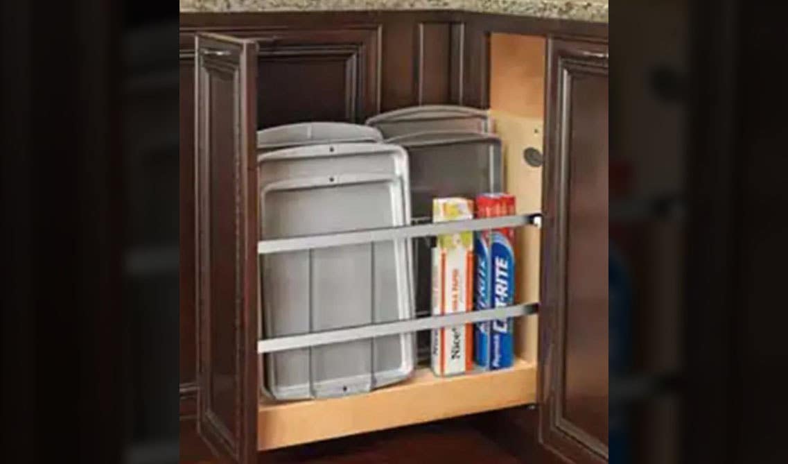 Foil Wrap/Tray Divider Base Organizer Shelves in brown cabinets