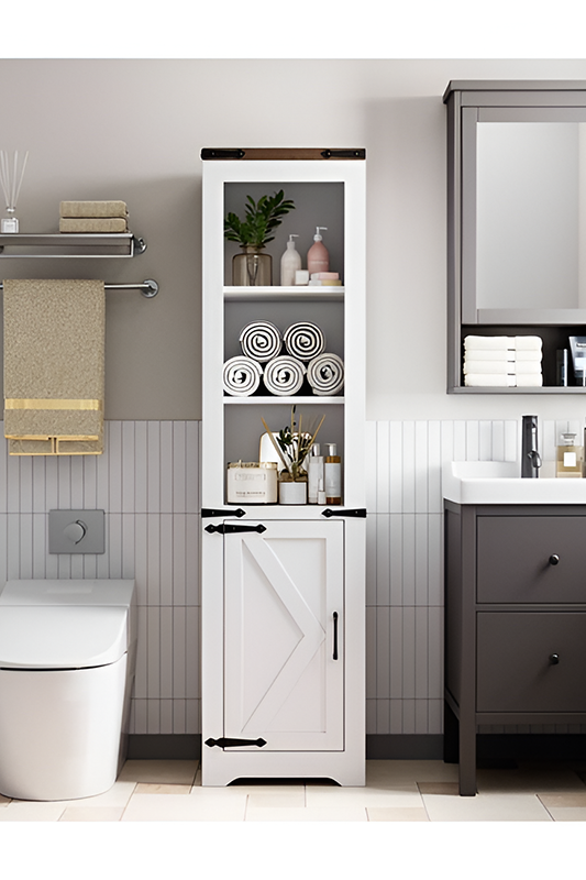 White Freestanding Linen Cabinets paired with gray vanity and stainless steel hanger 