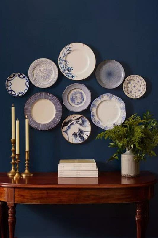 Plate decor on blue wall