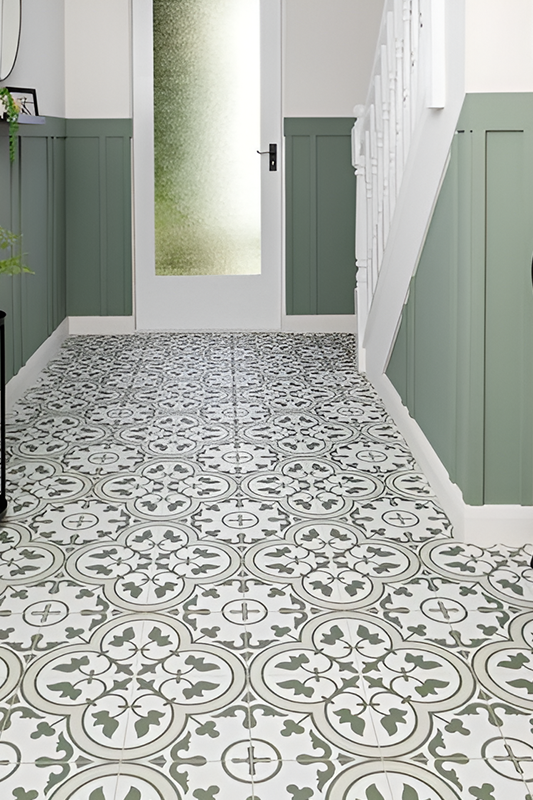 hexagon pattern tile paired with green wall 