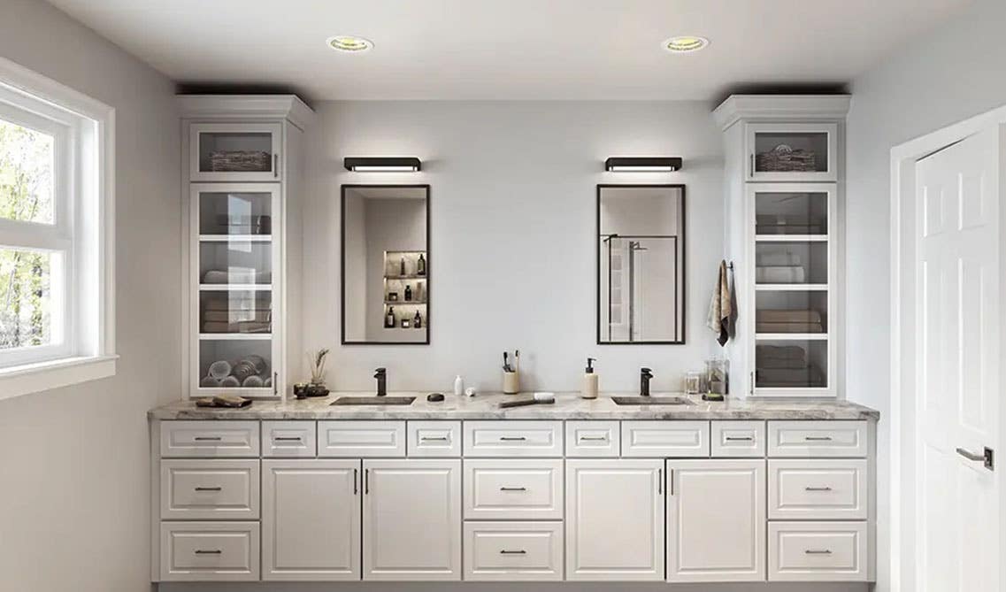 stylish white bathroom vanities with glass door wall cabinets, double sink with mirror design, 