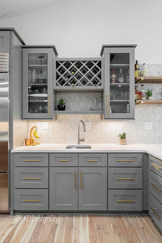 Gray kitchen cabinets with white countertop