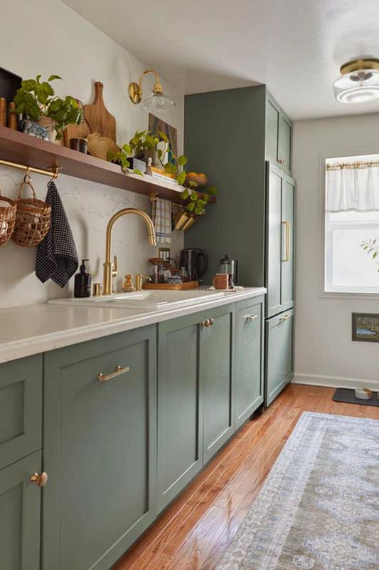 Green and white Galley kitchen