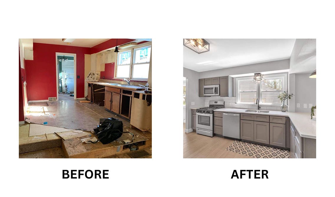 Picture of before and after DIY makeover with Gray Shaker kitchen cabinet