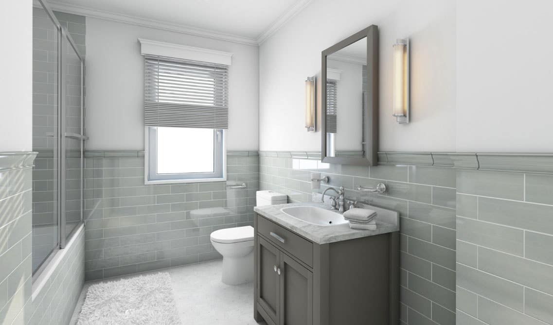 White and grey bathroom with shaker vanity and subway tile