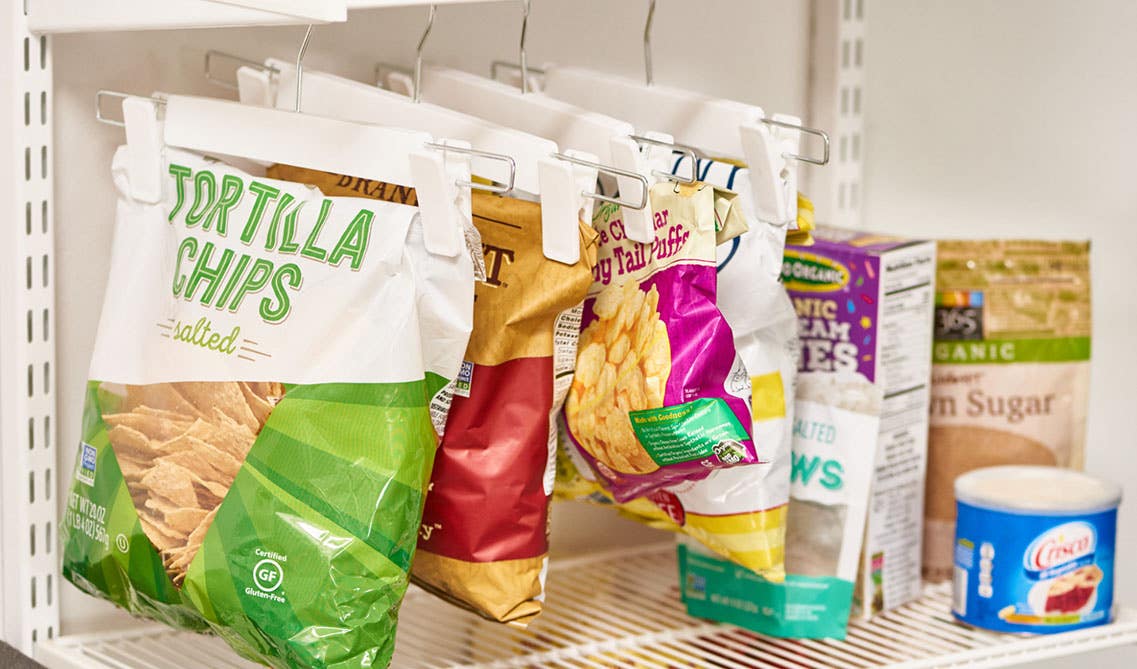 Hang chip bags with pants hangers