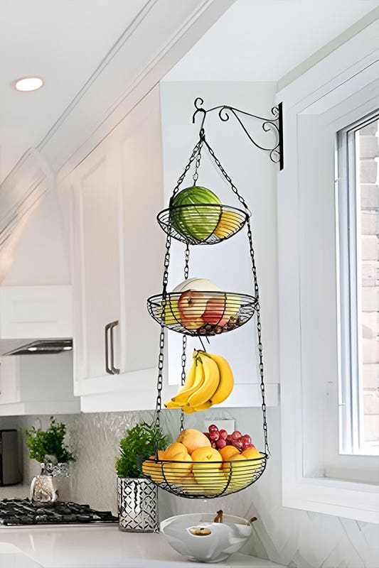 Hanging Fruit Basket beside kitchen window 