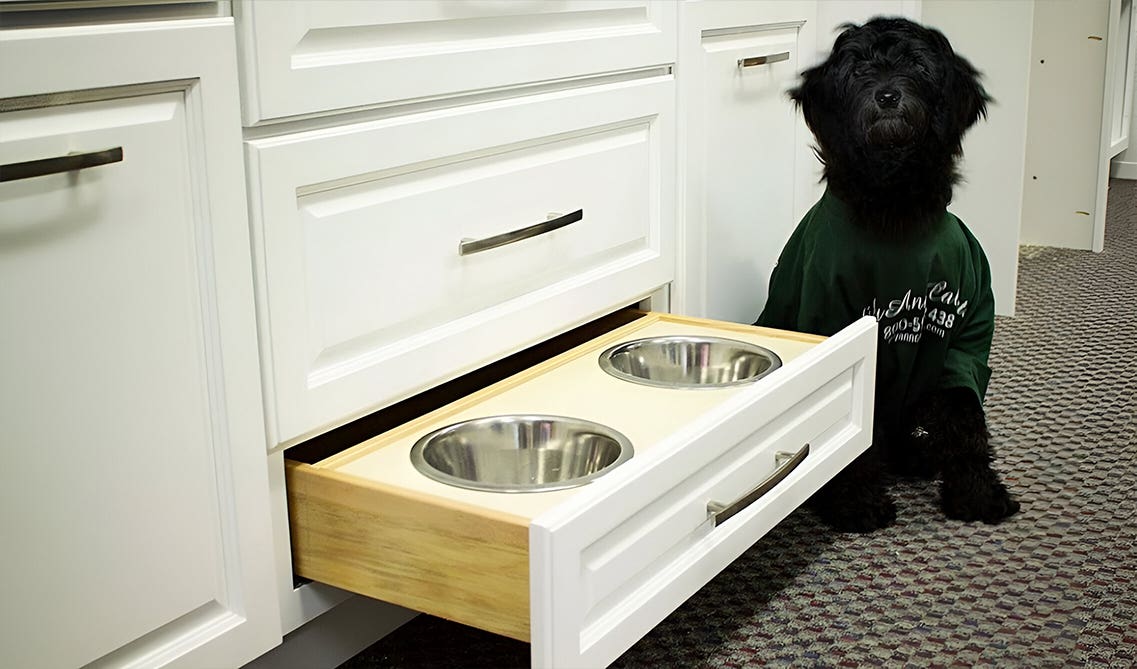 Hidden Dog Bowls storage white cabinets 