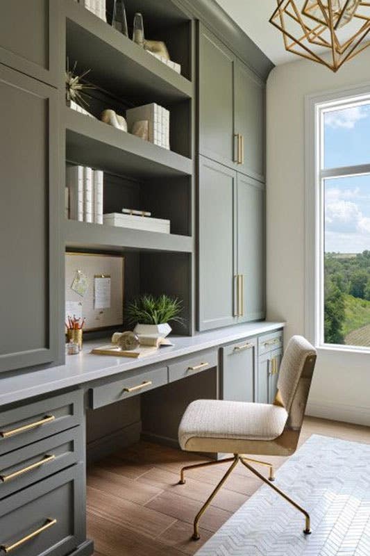 Home Office area with dark cabinets and open shelving