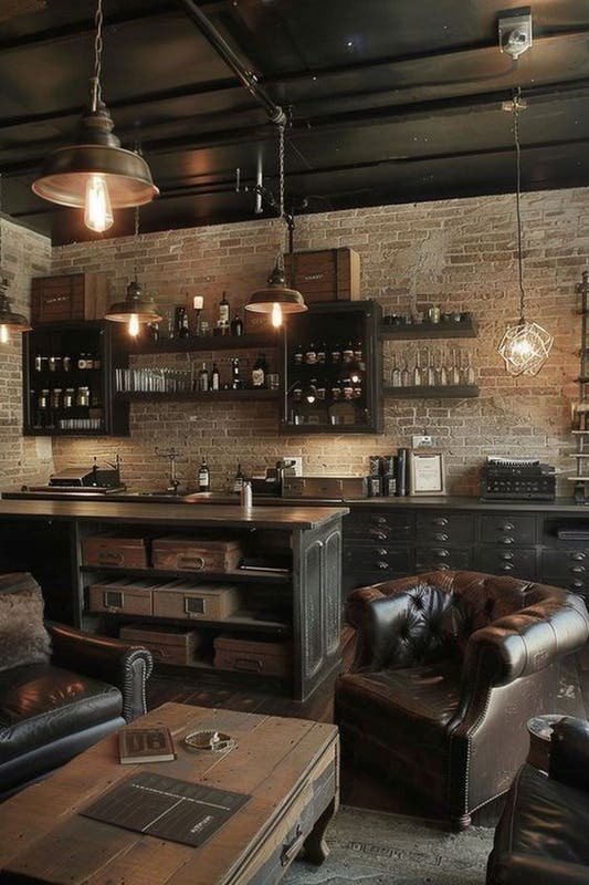 cozy industrial basement bar design paired with wood and the ruggedness of metal