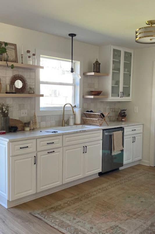 white Kitchen cabinets and a sink, big window and sounding Styling kitchen shelves 