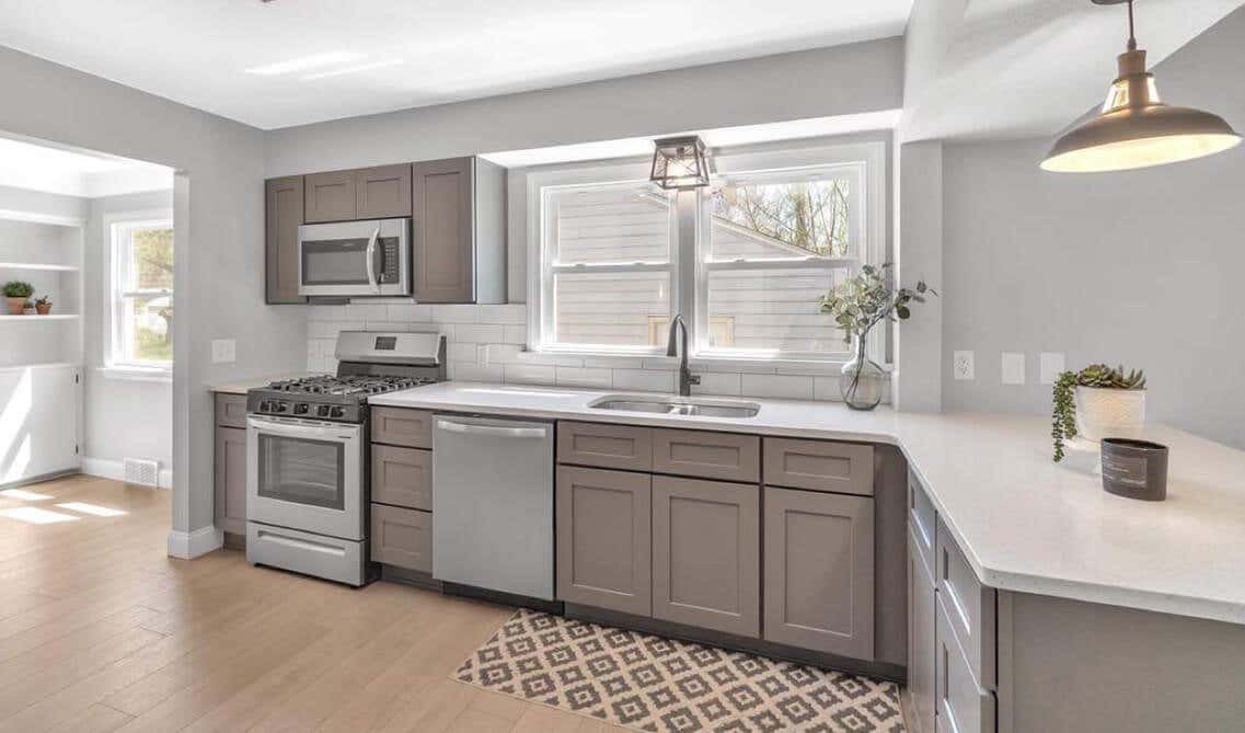 Grey and white kitchen style with Stainless steel Kitchen sink