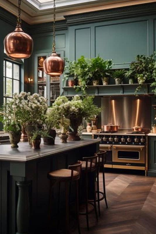 Green kitchen design with potted herbs, succulents, and hanging planters