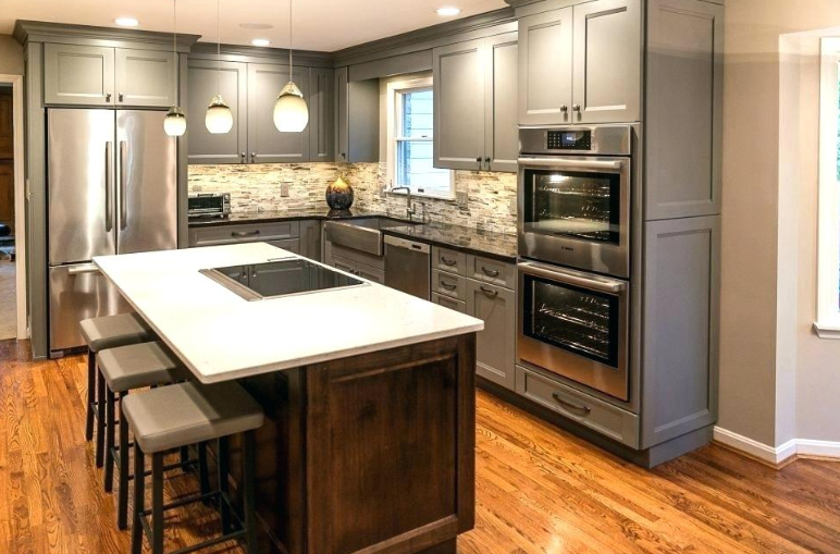 L-Shaped 10x10 Kitchen With Island and Grey shaker kitchen cabinets