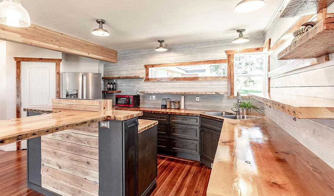 L-shaped kitchen with wooden countertop