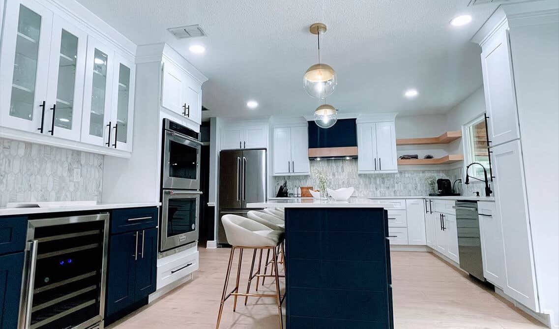 Coastal Kitchen Ideas with White and Blue Shaker Cabinets