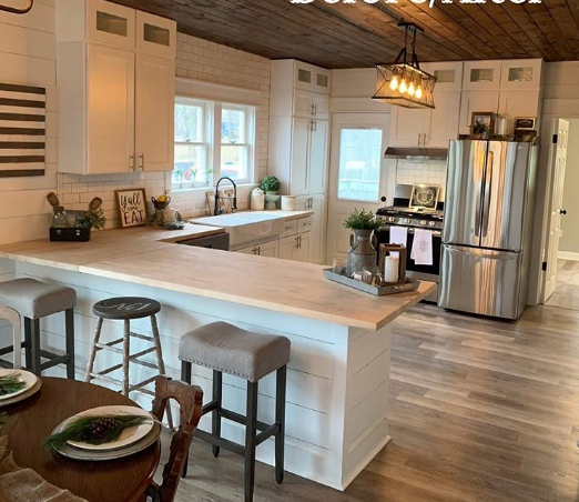 Mismatched bar stools with island in white kitchen 