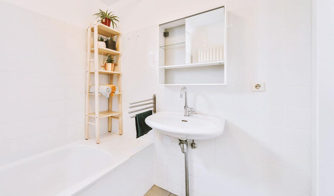 White bathroom with Ladder Shelving 