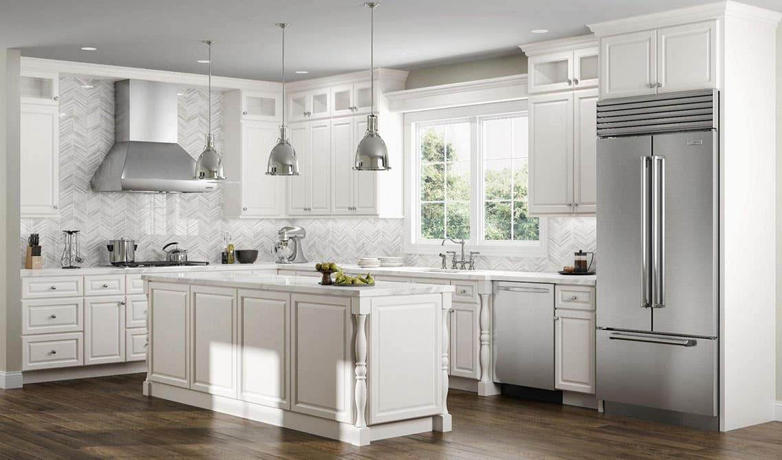 White Cabinet kitchen with island and stainless steel appliances