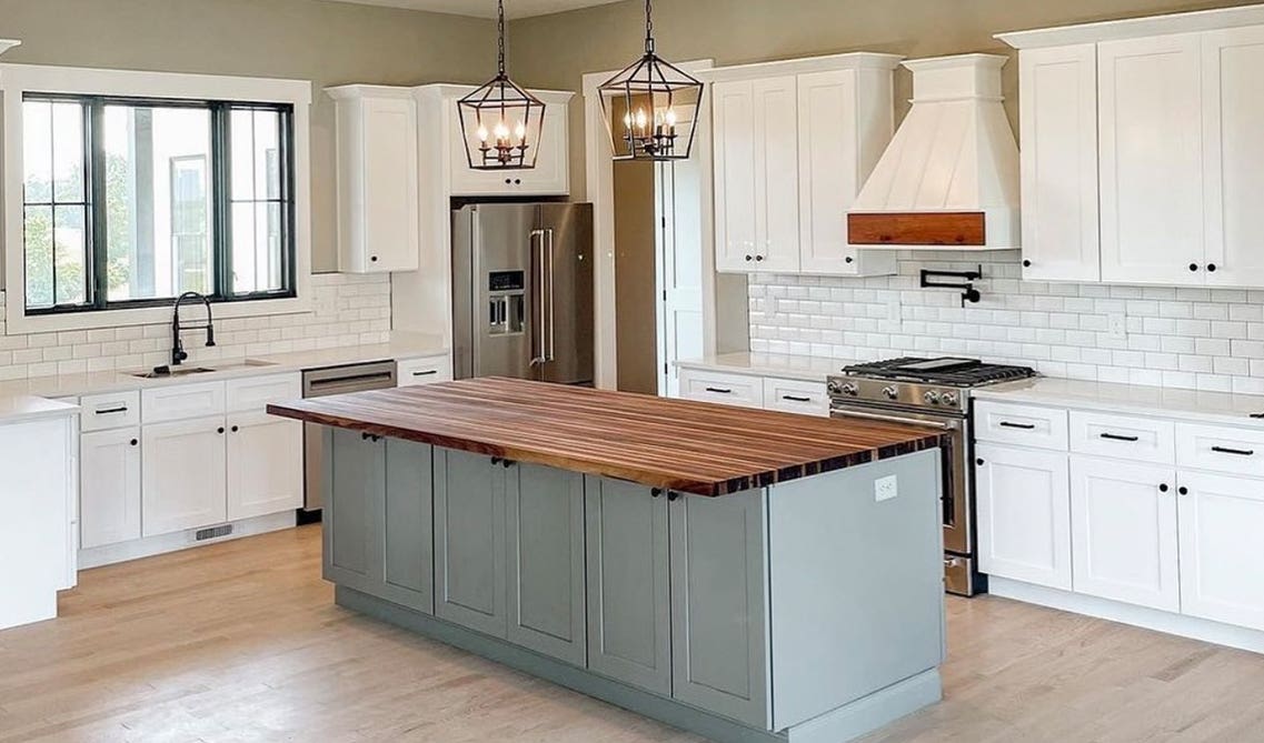 Light grey cabinets with Wood countertops