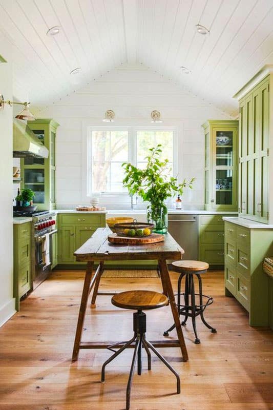 farmhouse kitchen design with Lime Green kitchen Cabinets