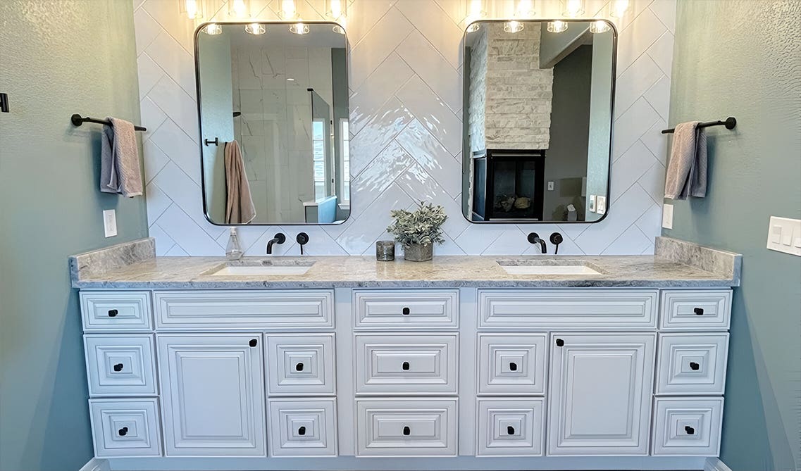 Charleston Linen Bathroom Vanity with Matt black Hardware and Marble countertop