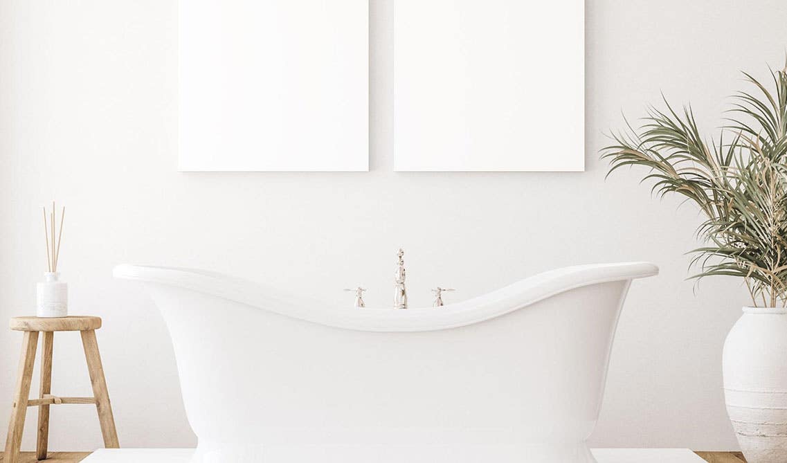 bathroom design with Freestanding Jacuzzi Tub, 2 large mirror, wooden floor and neutral white color wall