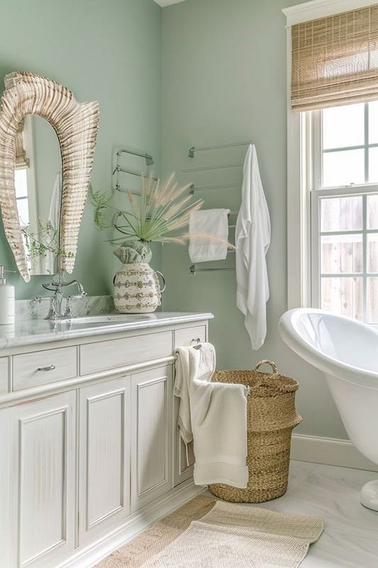 Mint Green Bathroom paired with white and light wood accents