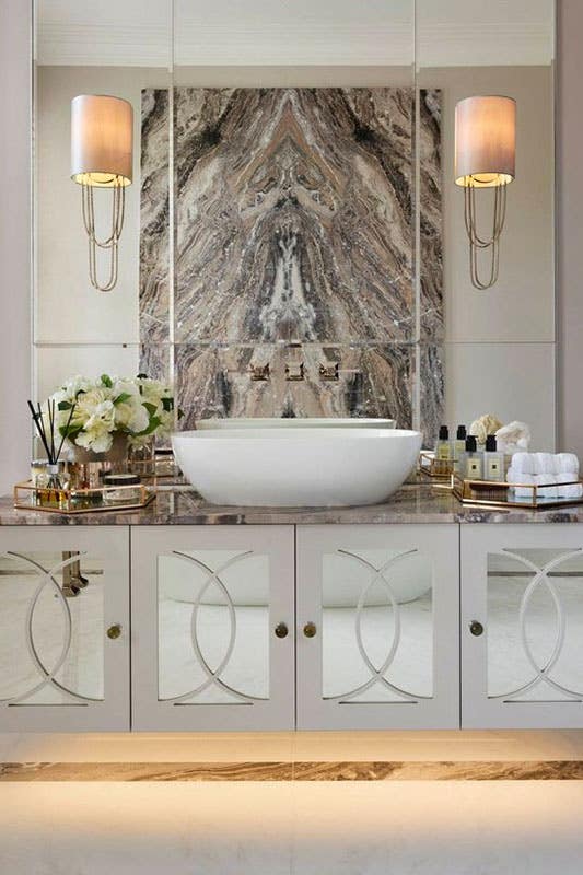 Mirror door bathroom vanity with marble accent 