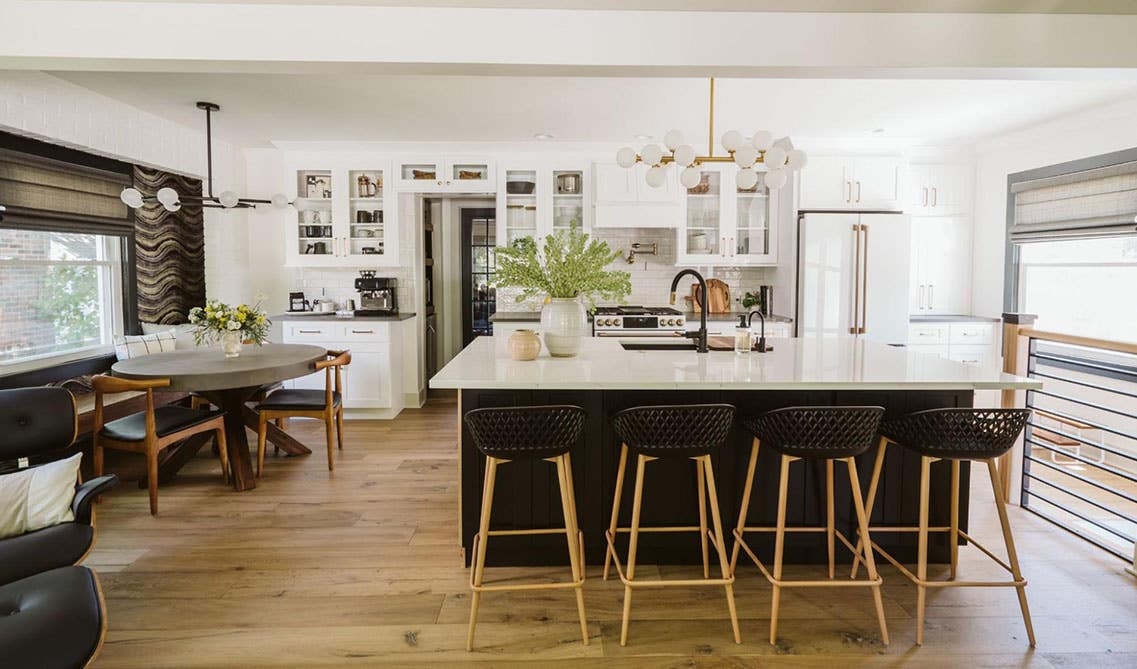 Modern kitchen style with white cabinets, large island, and mix match lighting fixture