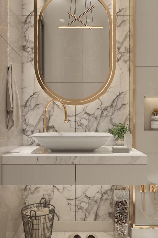 Stylish bathroom design with gold accent 