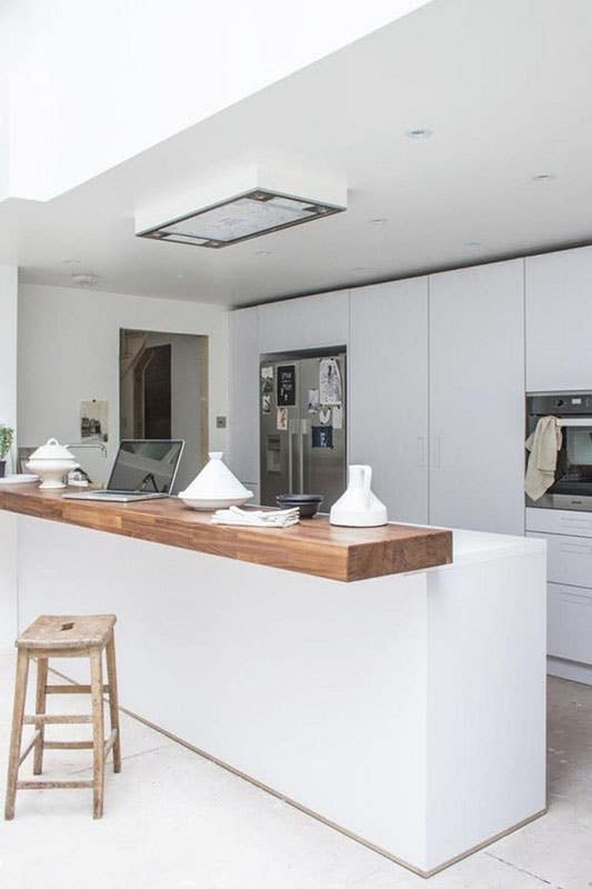 Modern white kitchen with wood countertop