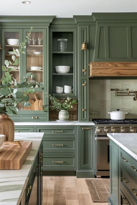 Moody green kitchen cabinets paired with gold pulls, wood hood, glass door and marble countertop