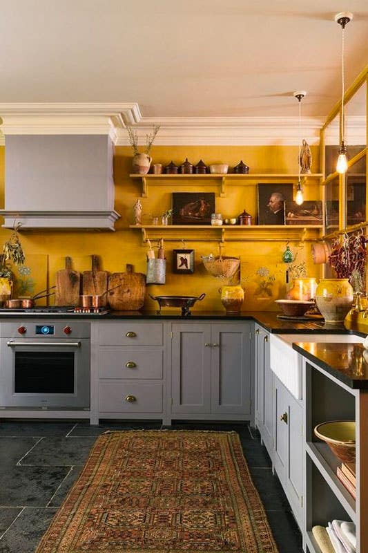 Mustard Yellow kitchen wall color with gray cabinets