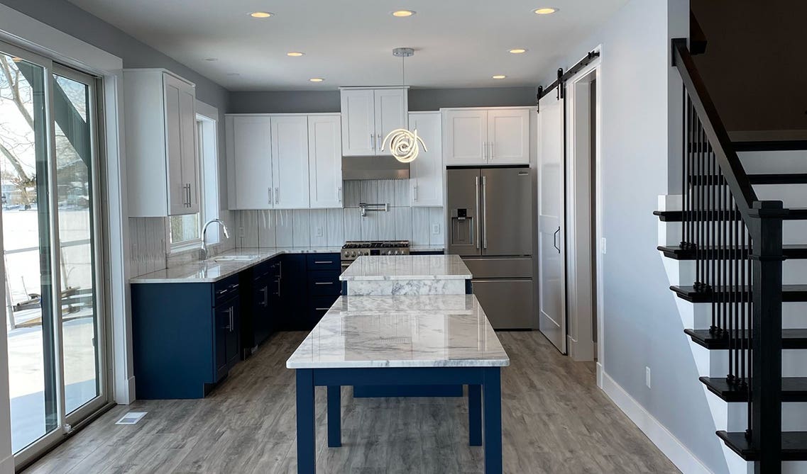 Navi Blue Kitchen with white island 