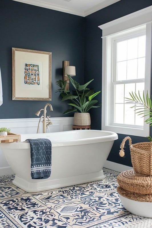 Navy Blue bathroom wall color paired with free standing bathtub and brass fixtures