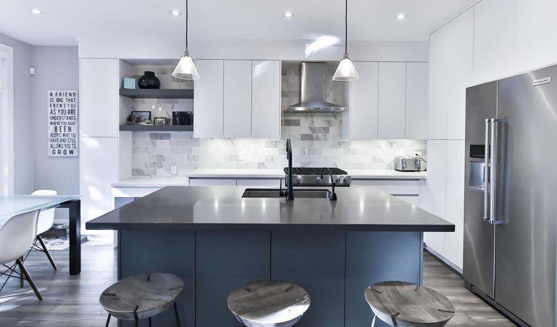 Navy blue island cabinets kitchen