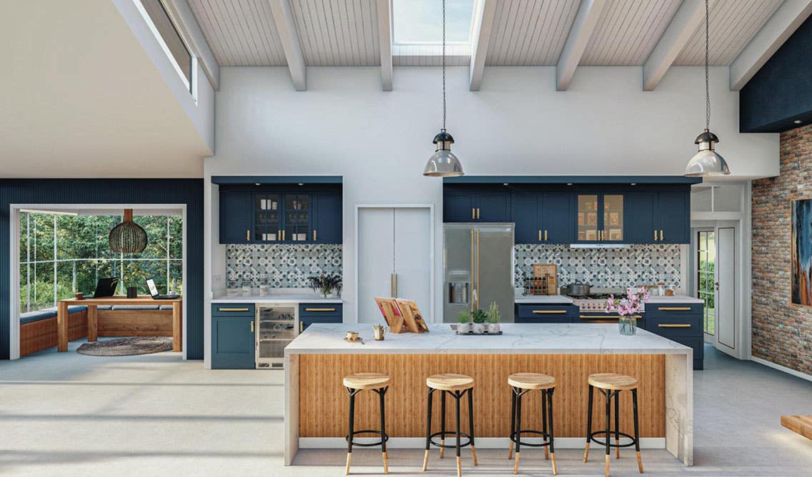 Navy blue kitchen cabinets with wooden accent 