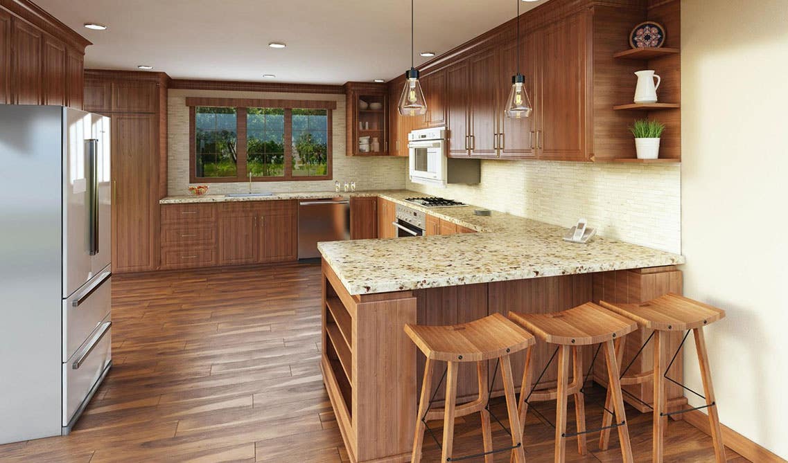 Oak Kitchen Cabinets with mosaic tile backsplash