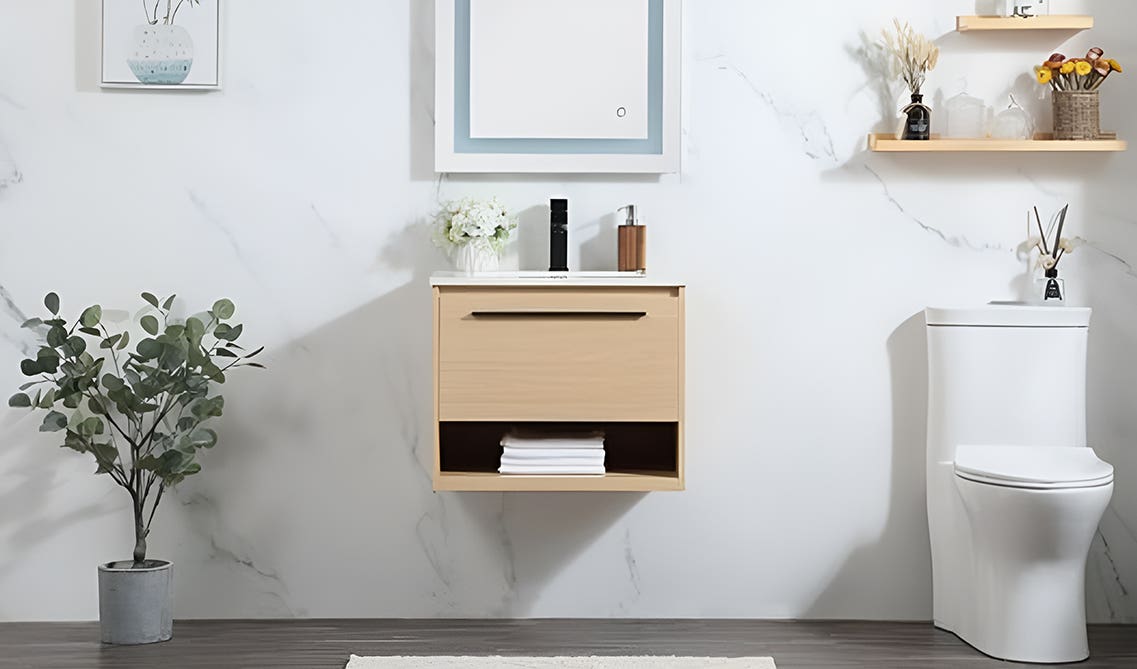 Bathroom design with floating vanity and open shelving 