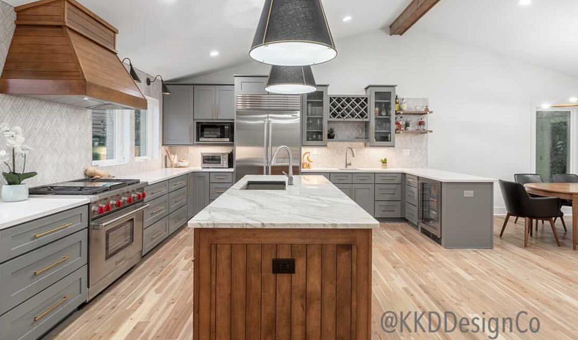 Modern kitchen style with gray cabinets,large functional island and Oversized Kitchen Lighting