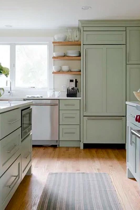 Sage green cabinets with open shelving Kitchen design and spc flooring