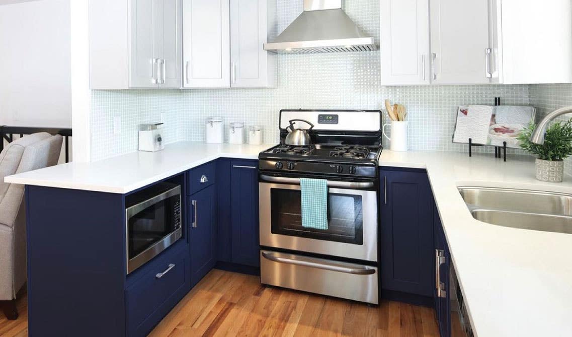 Kitchen with two tone white and navy blue cabinets