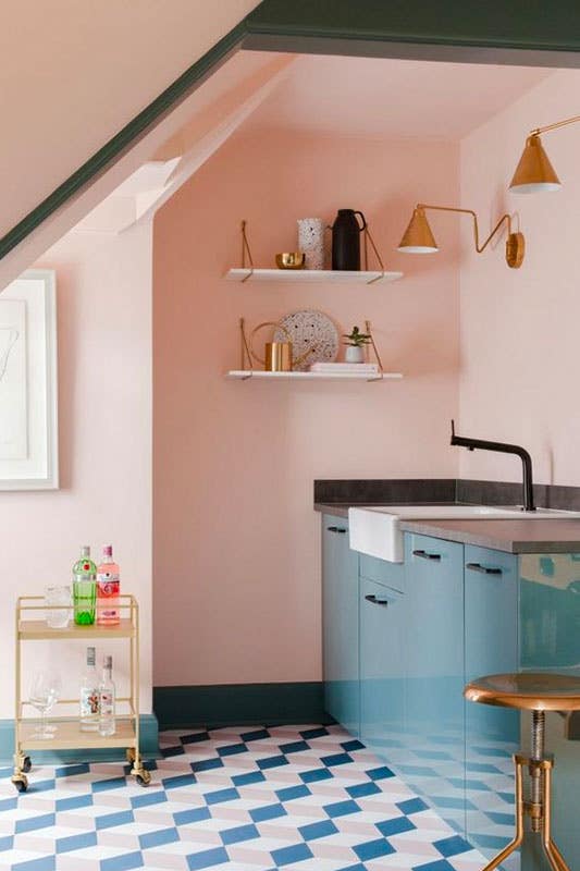 Pastel Pink kitchen paint color with blue cabinets