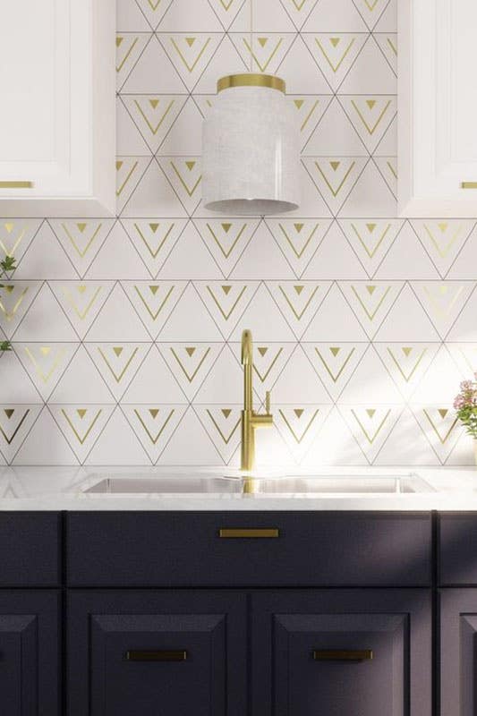 Modern kitchen with Patterned Cement Tiles backsplash and two tone cabinets