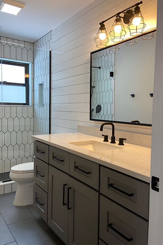 Gray shaker elite bathroom vanity with quartz countertop