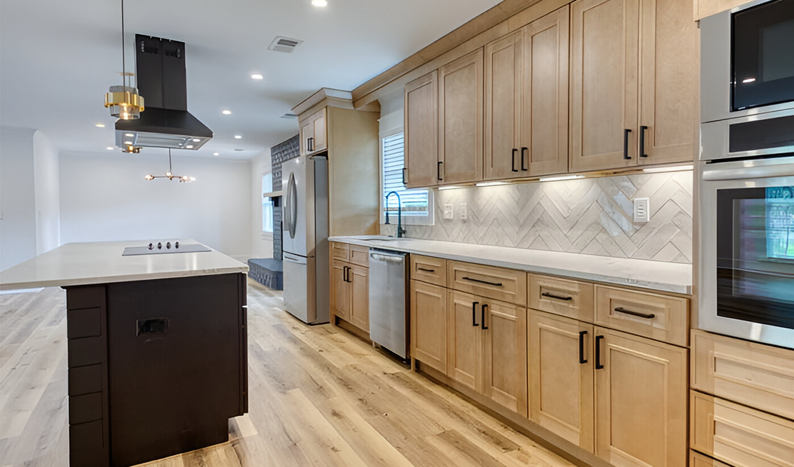 Island Range Hood paired with Natural wood hood kitchen cabinets